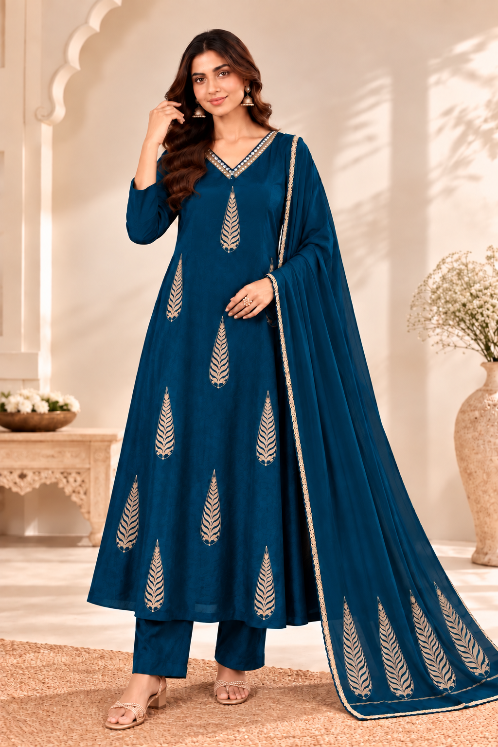 Teal Blue Leaf Embroidered Suit