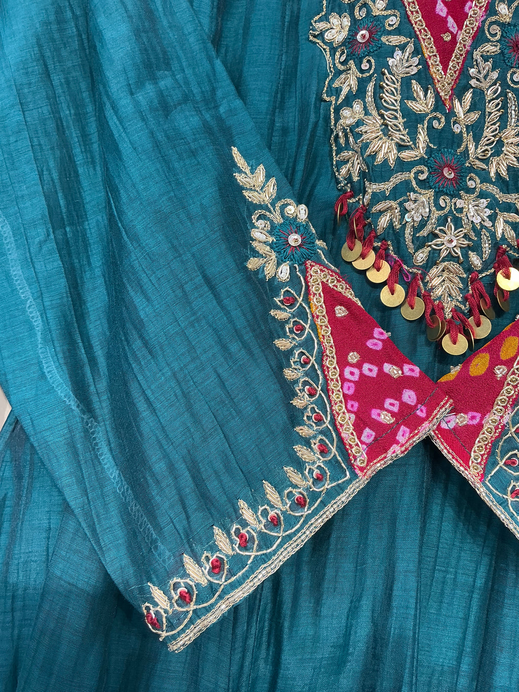 Bandhej Teal/ Amber Mul Chanderi Suit