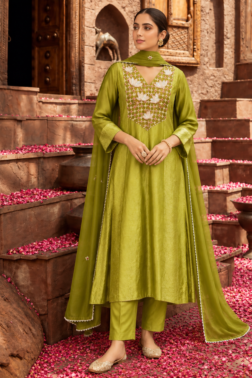 Olive Banarasi Tissue Shimmer Suit