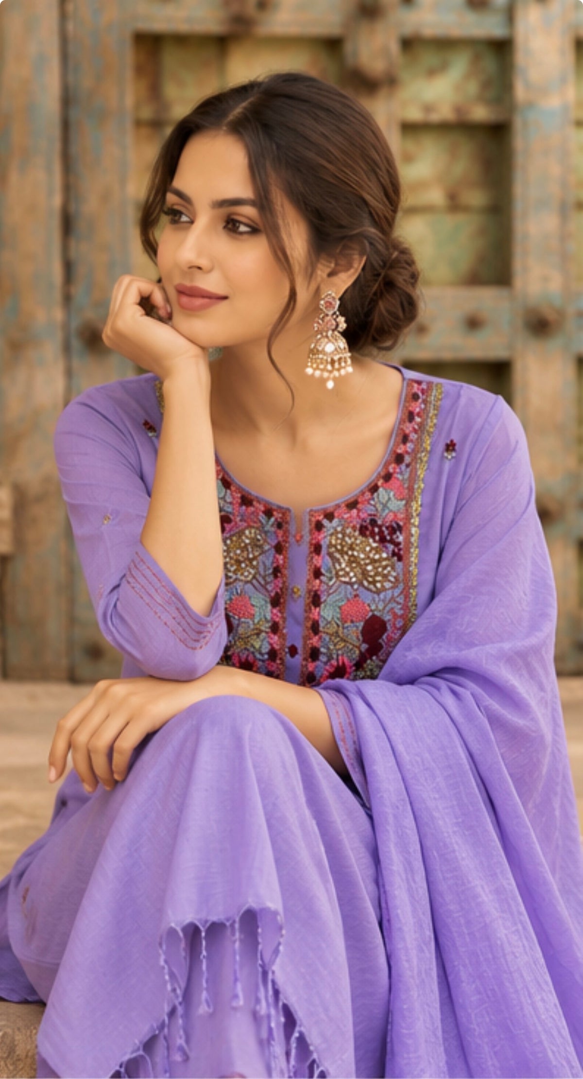 Lavender Bloom Kantha Embroidered Suit