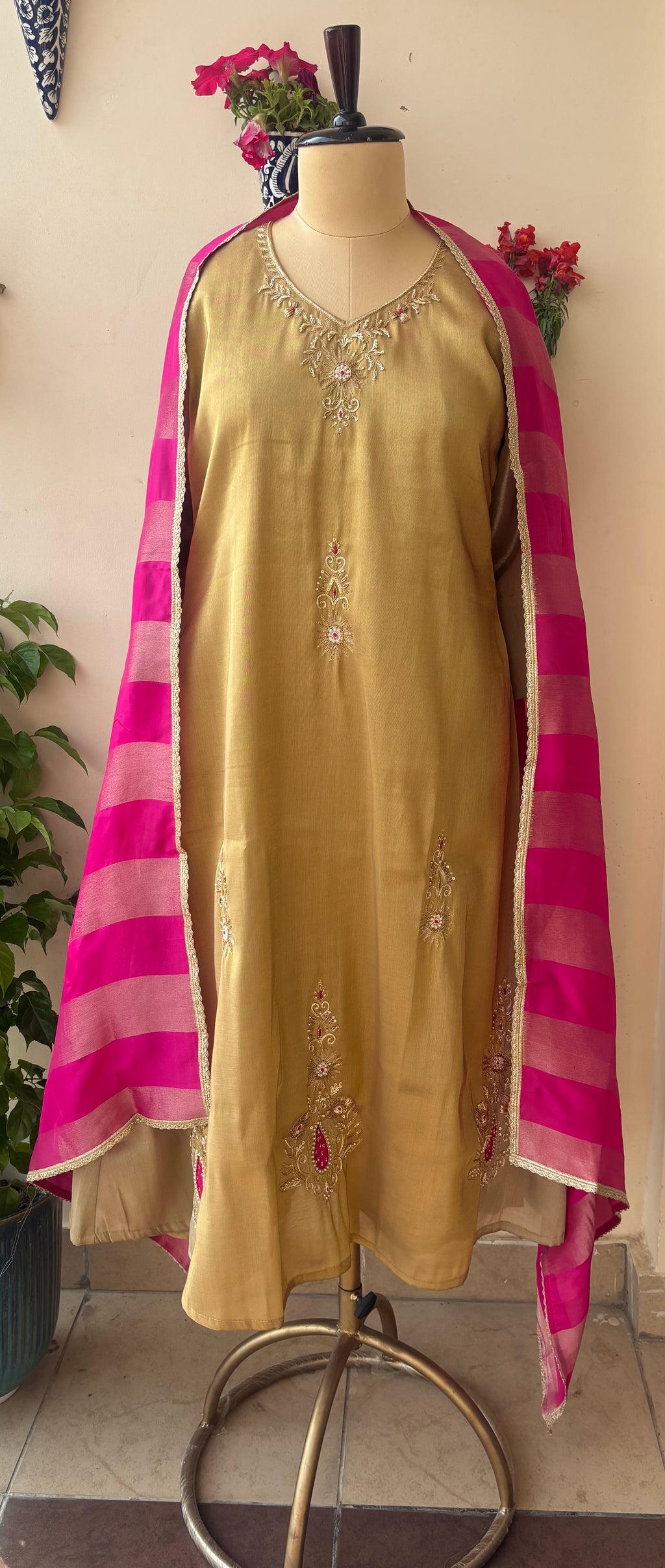 Golden Gulab Anarkali Set