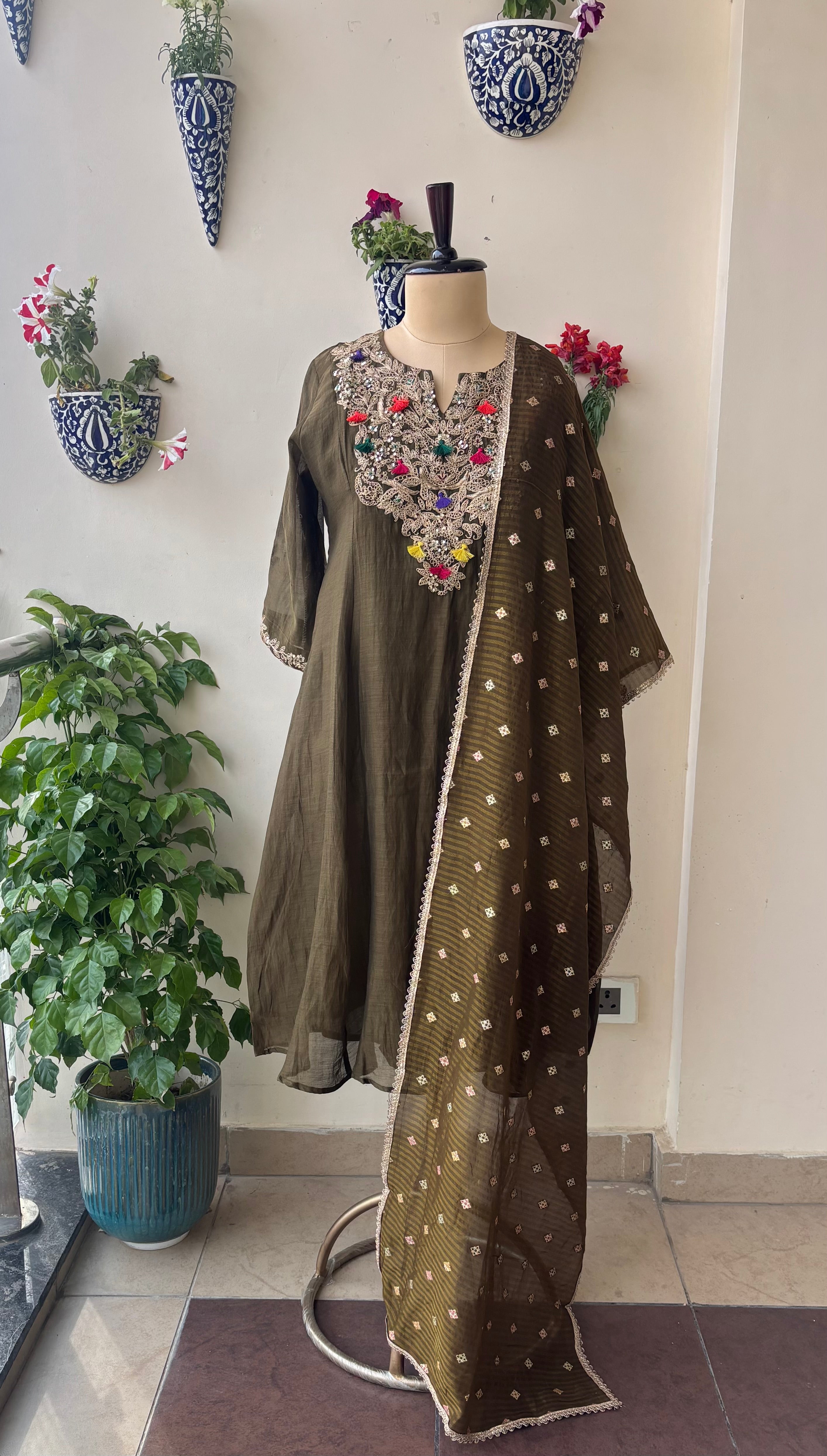 Olive Zari Gulmohar set