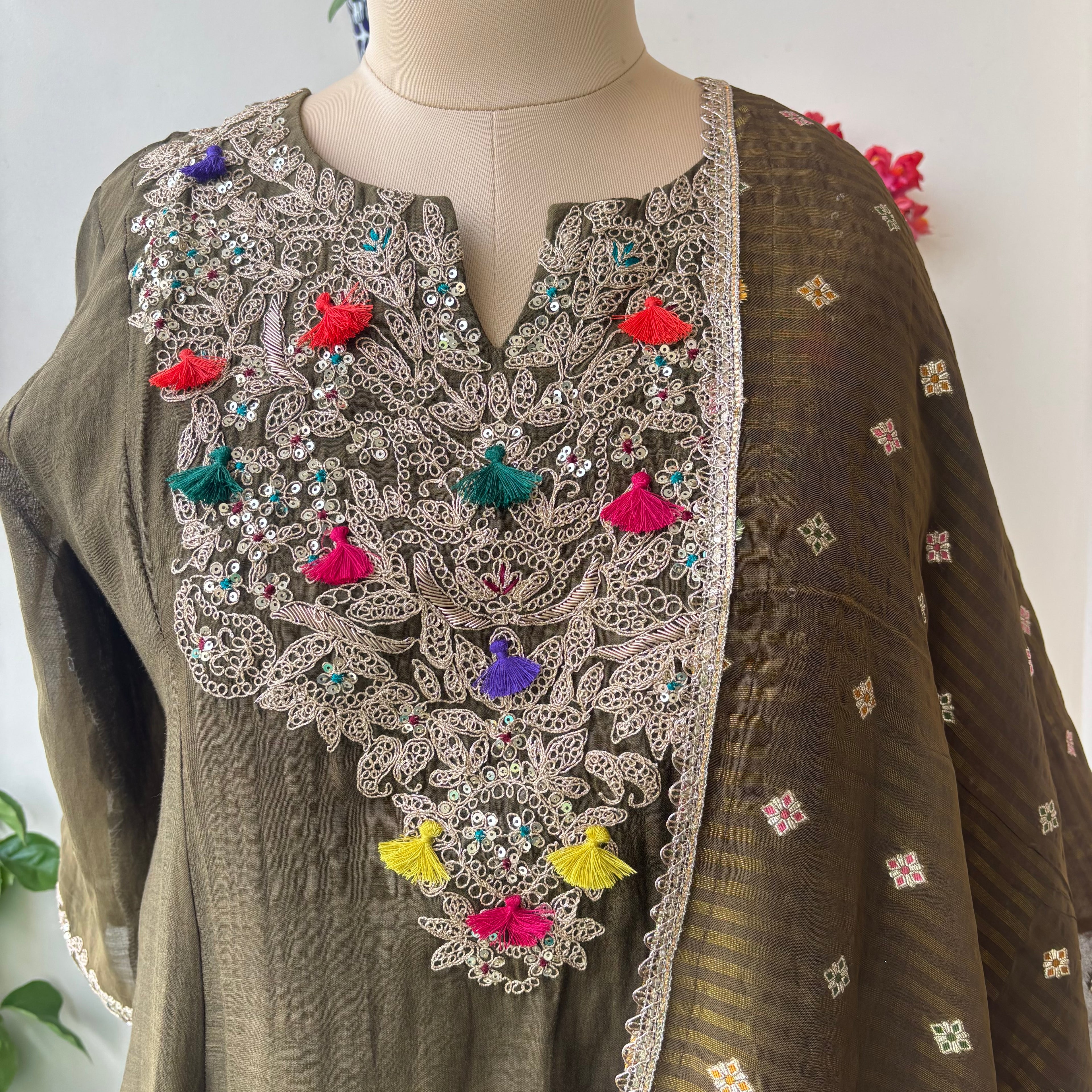Olive Zari Gulmohar set