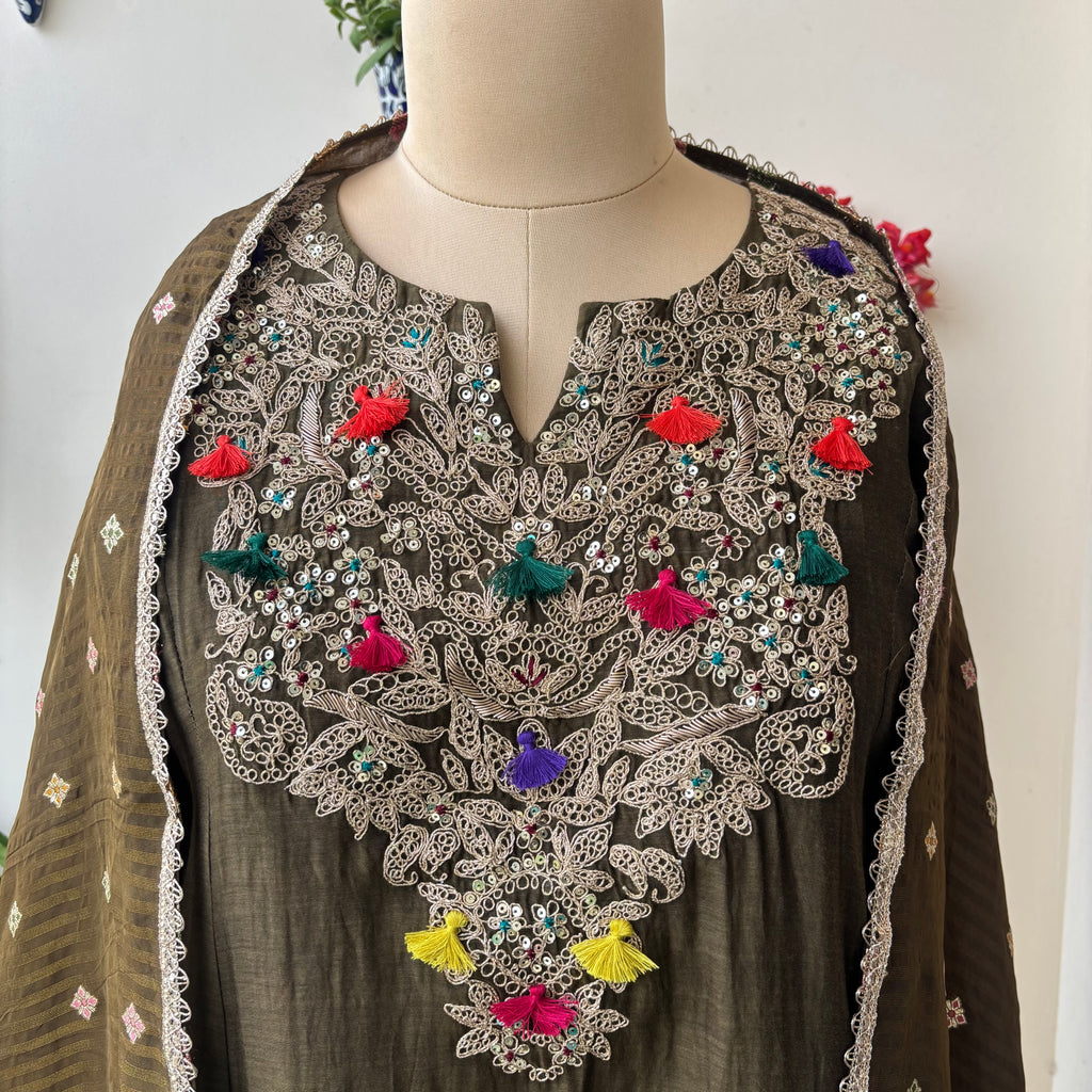 Olive Zari Gulmohar set