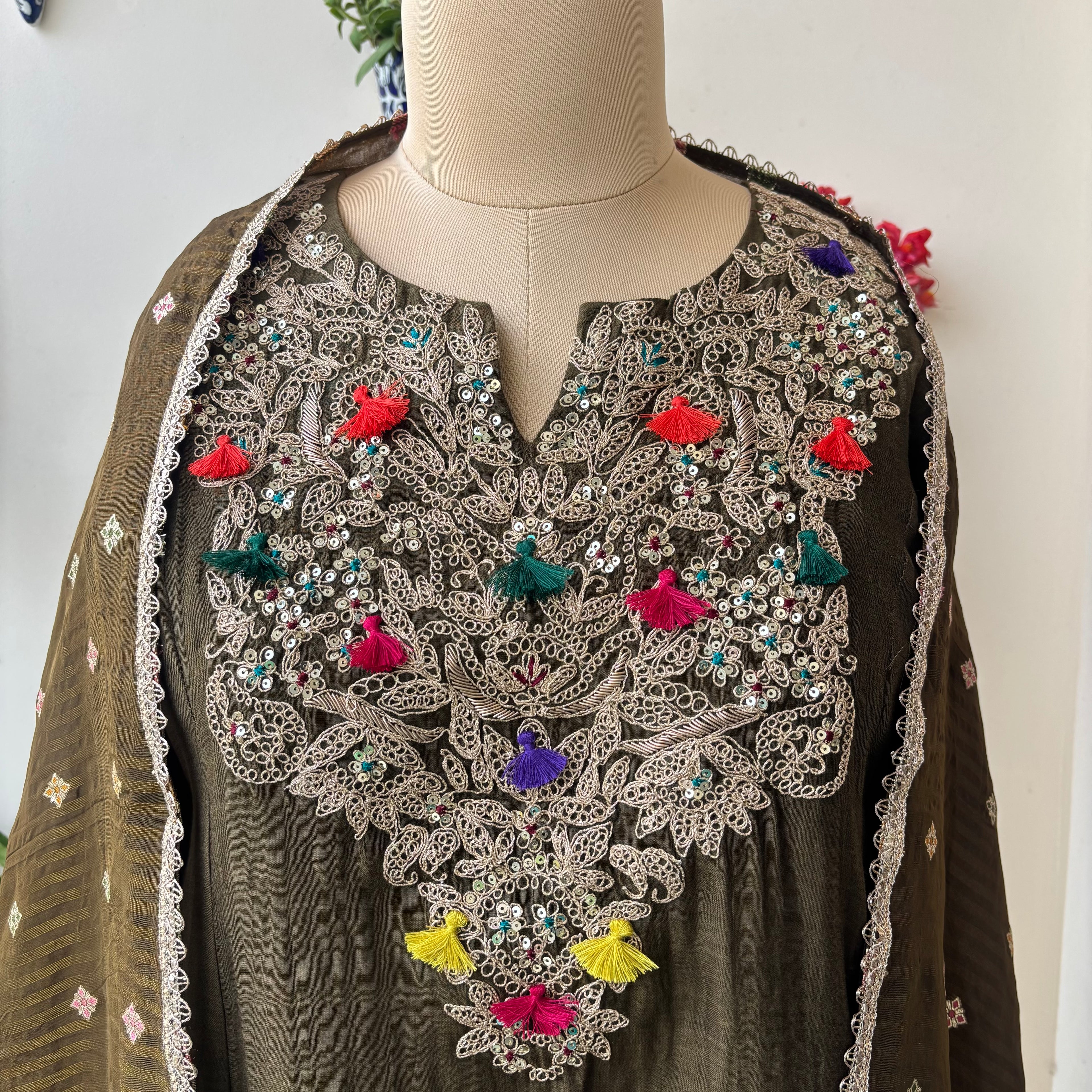 Olive Zari Gulmohar set