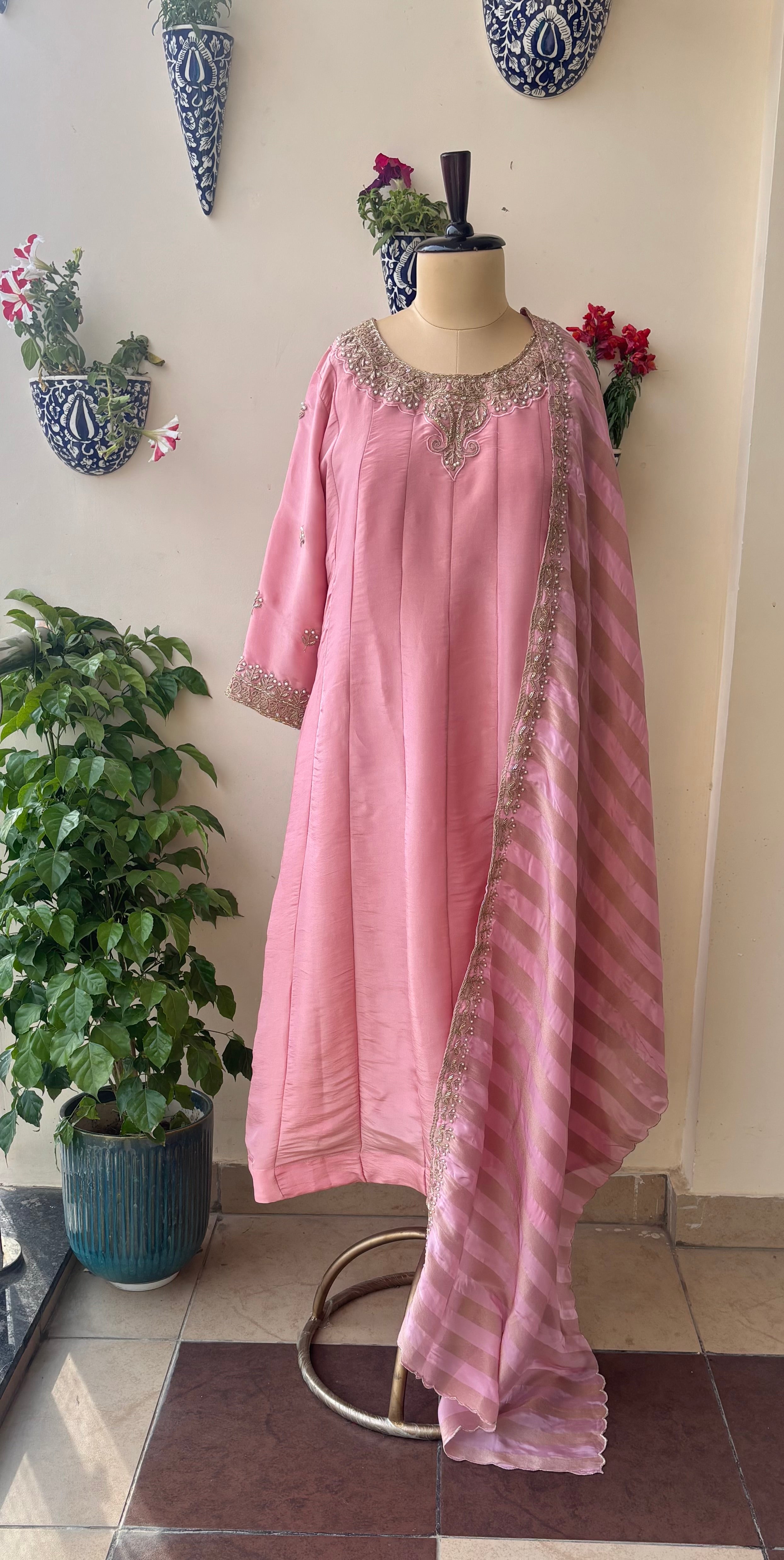 Rose Tissue Shimmer Anarkali Suit Set