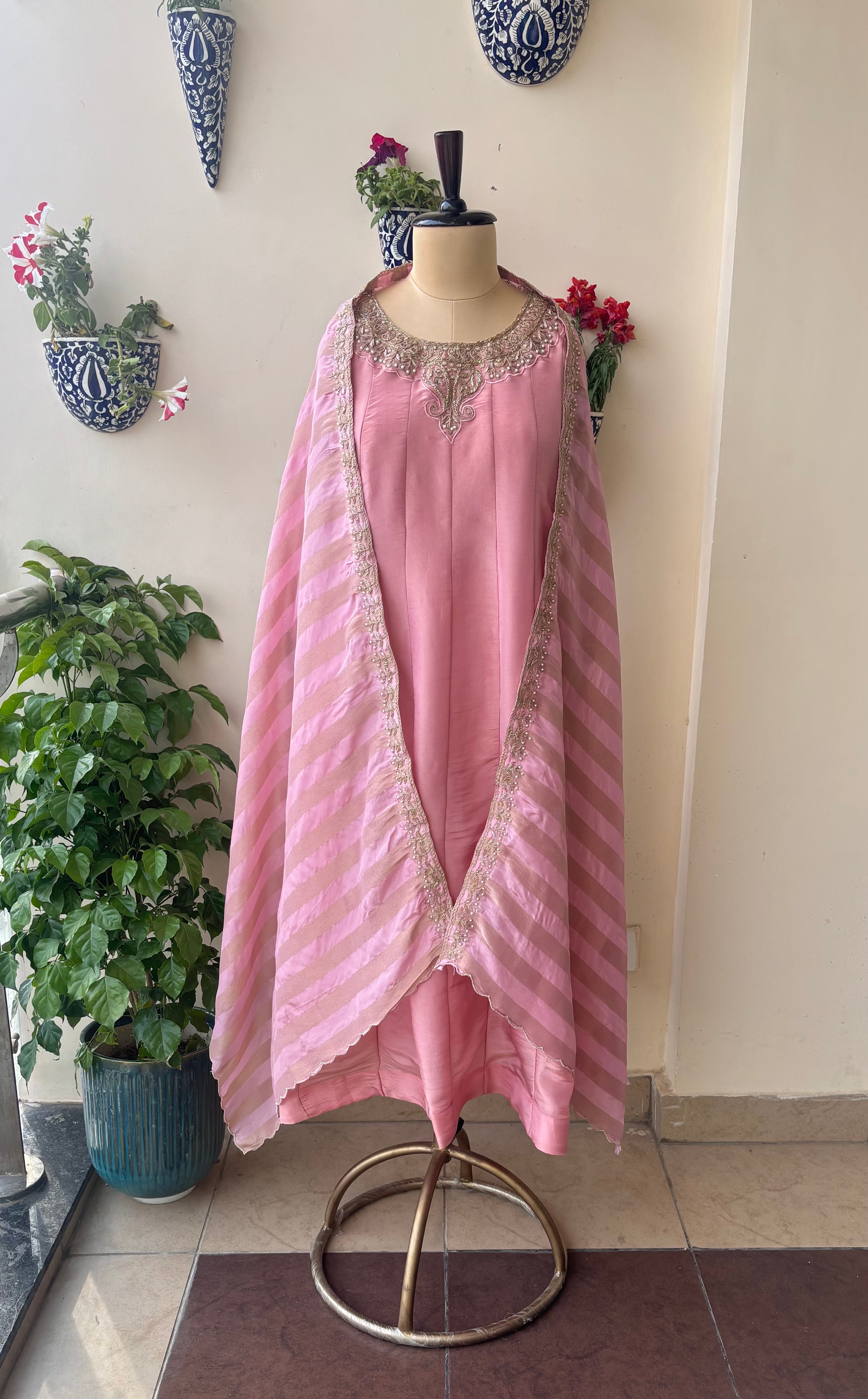 Rose Tissue Shimmer Anarkali Suit Set