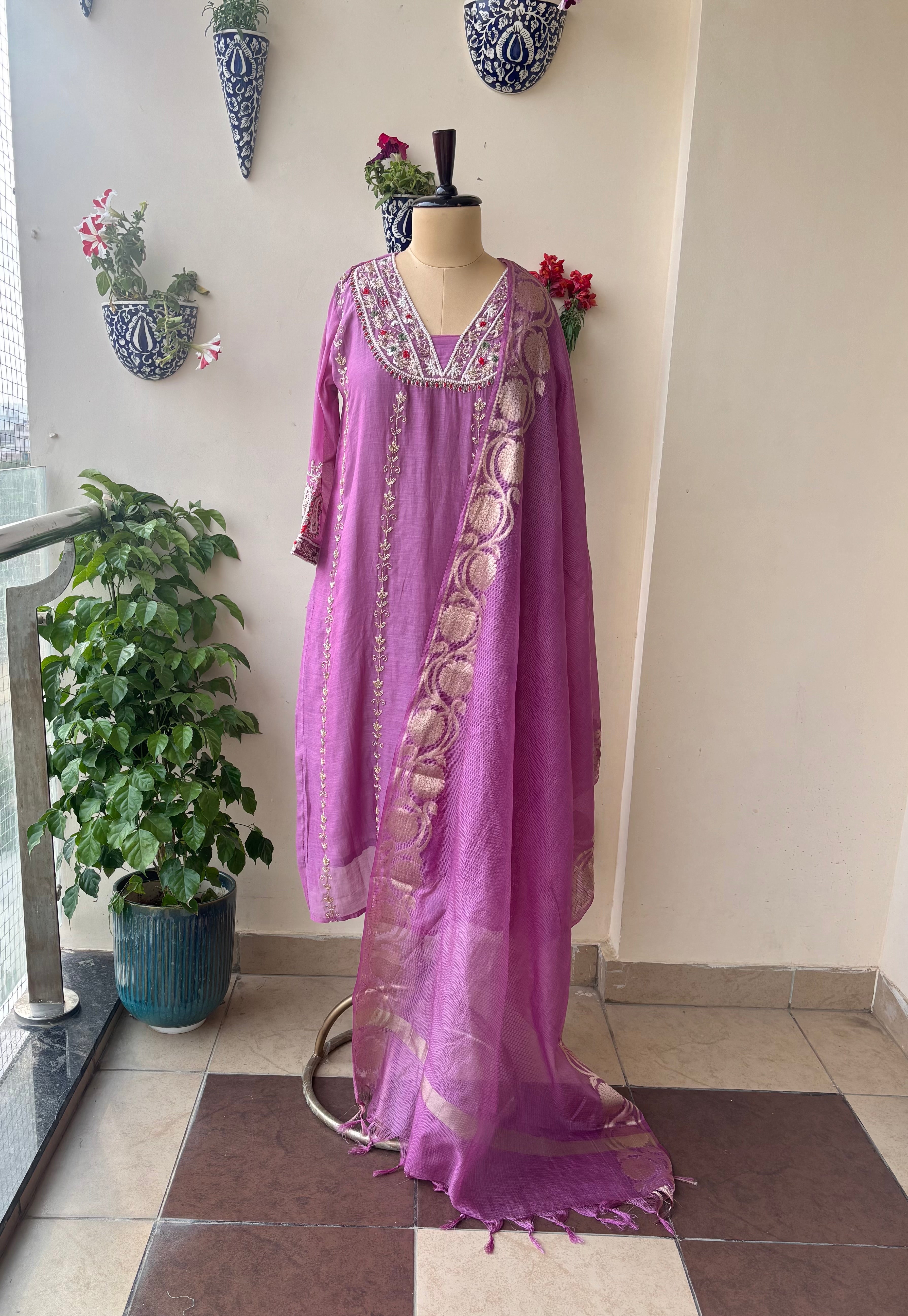 Lilac Chanderi Kotta Doriya Suit Set