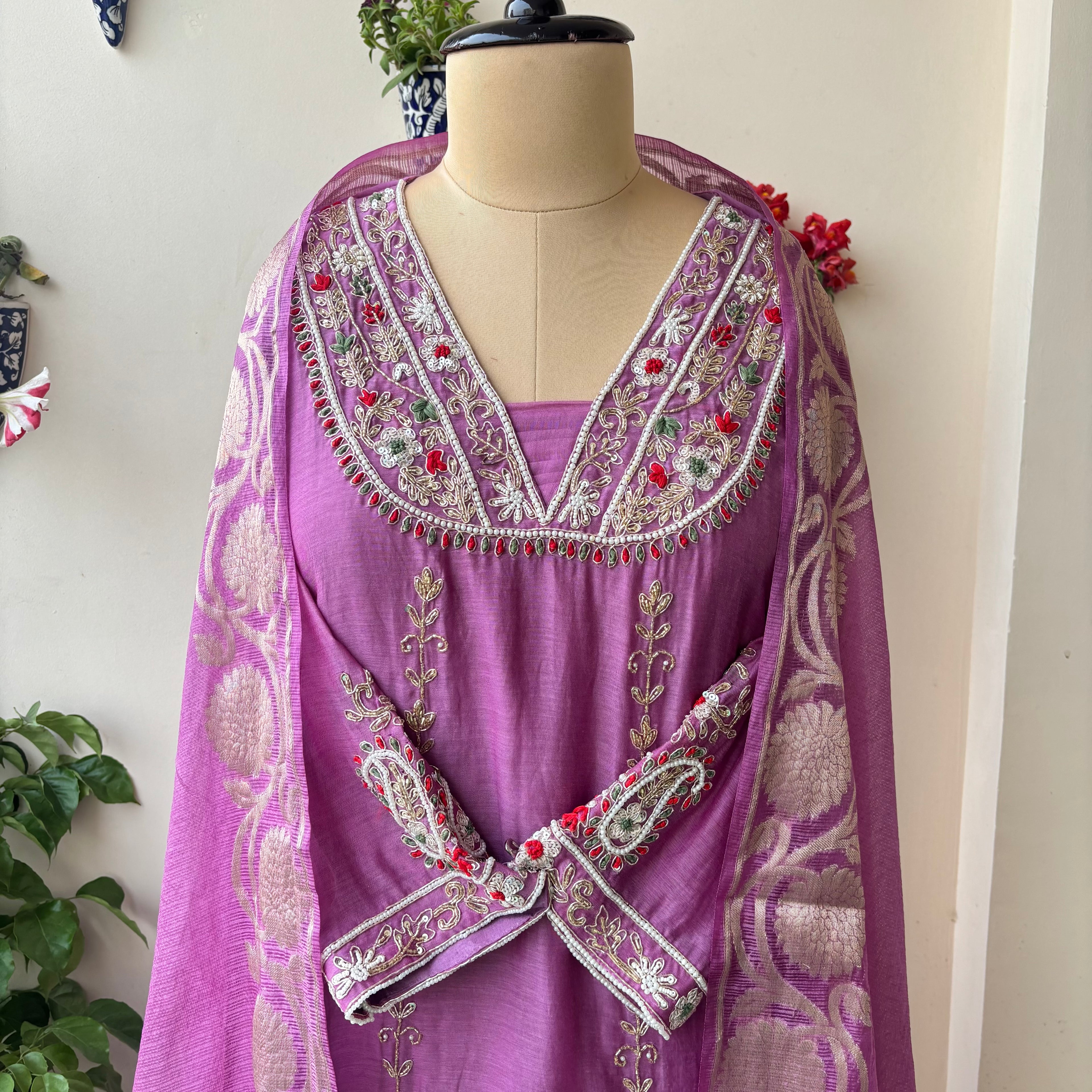 Lilac Chanderi Kotta Doriya Suit Set