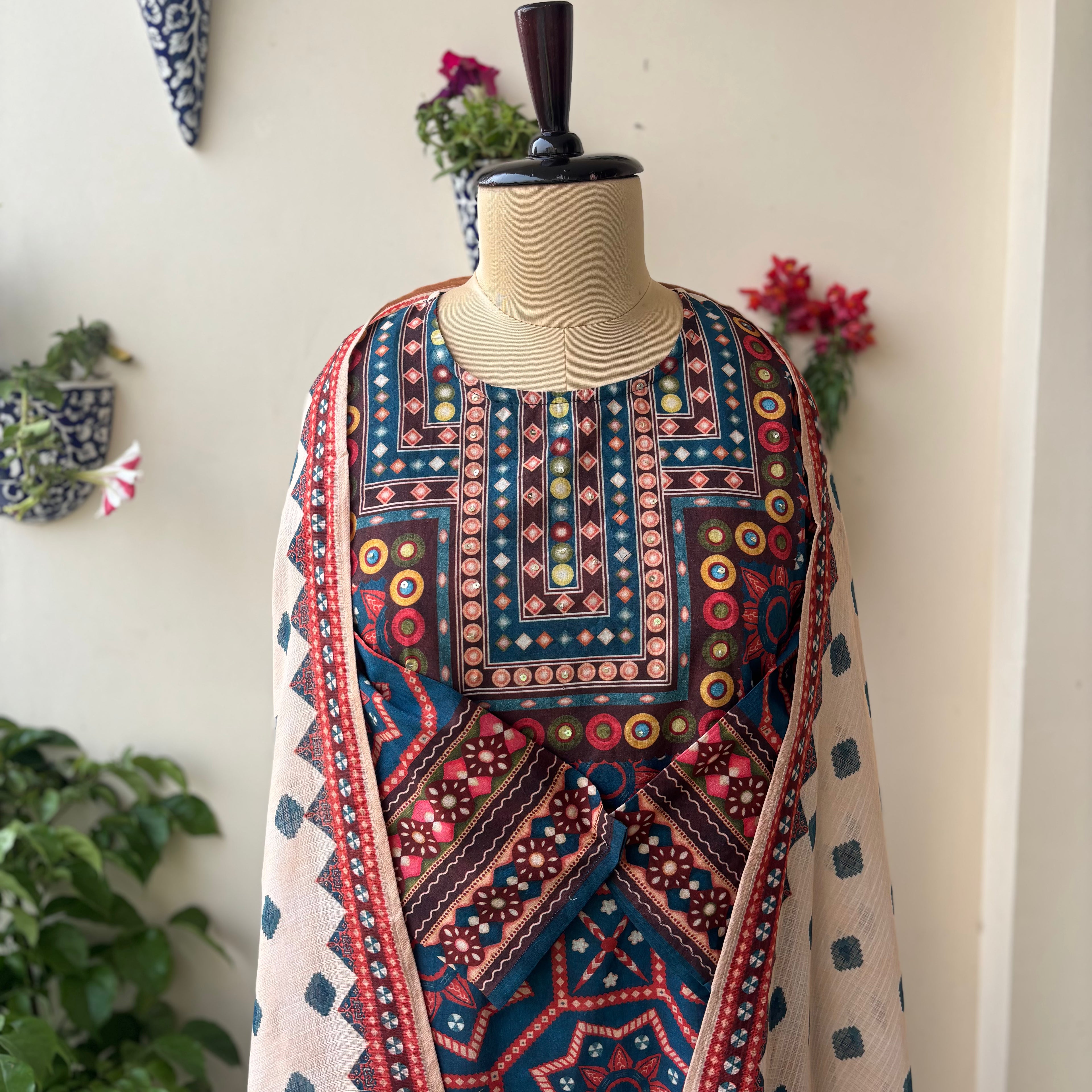 Indigo Cotton Mosaic Suit Set