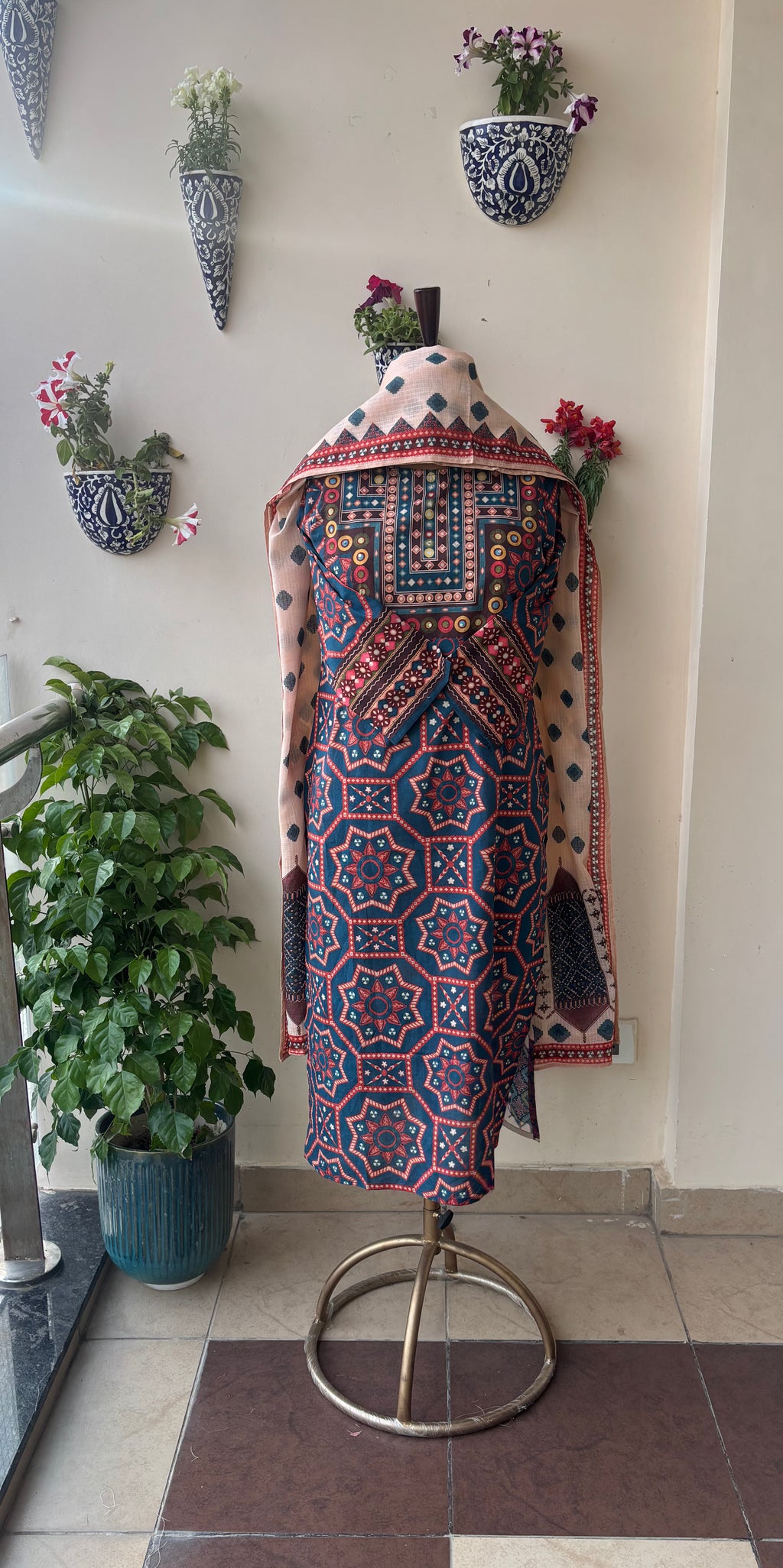 Indigo Cotton Mosaic Suit Set