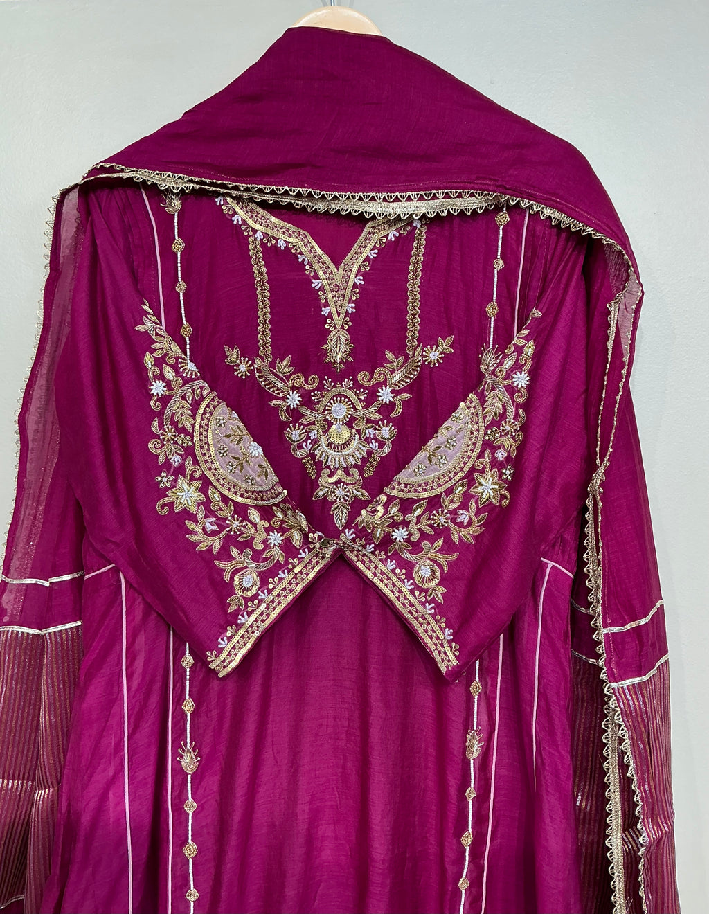 Wine Mul Chanderi with heavy Zardozi handwork