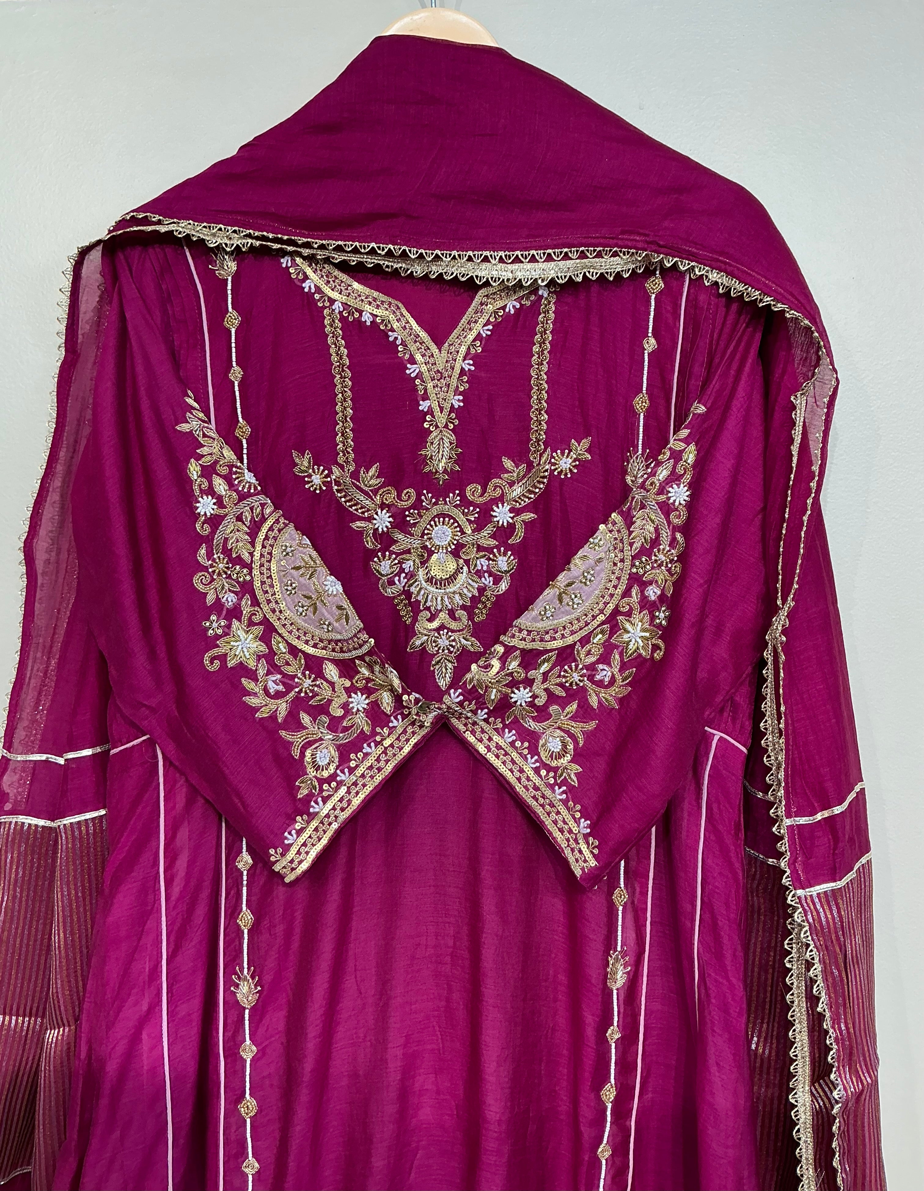 Wine Mul Chanderi with heavy Zardozi handwork