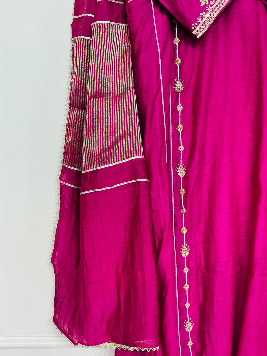Wine Mul Chanderi with heavy Zardozi handwork