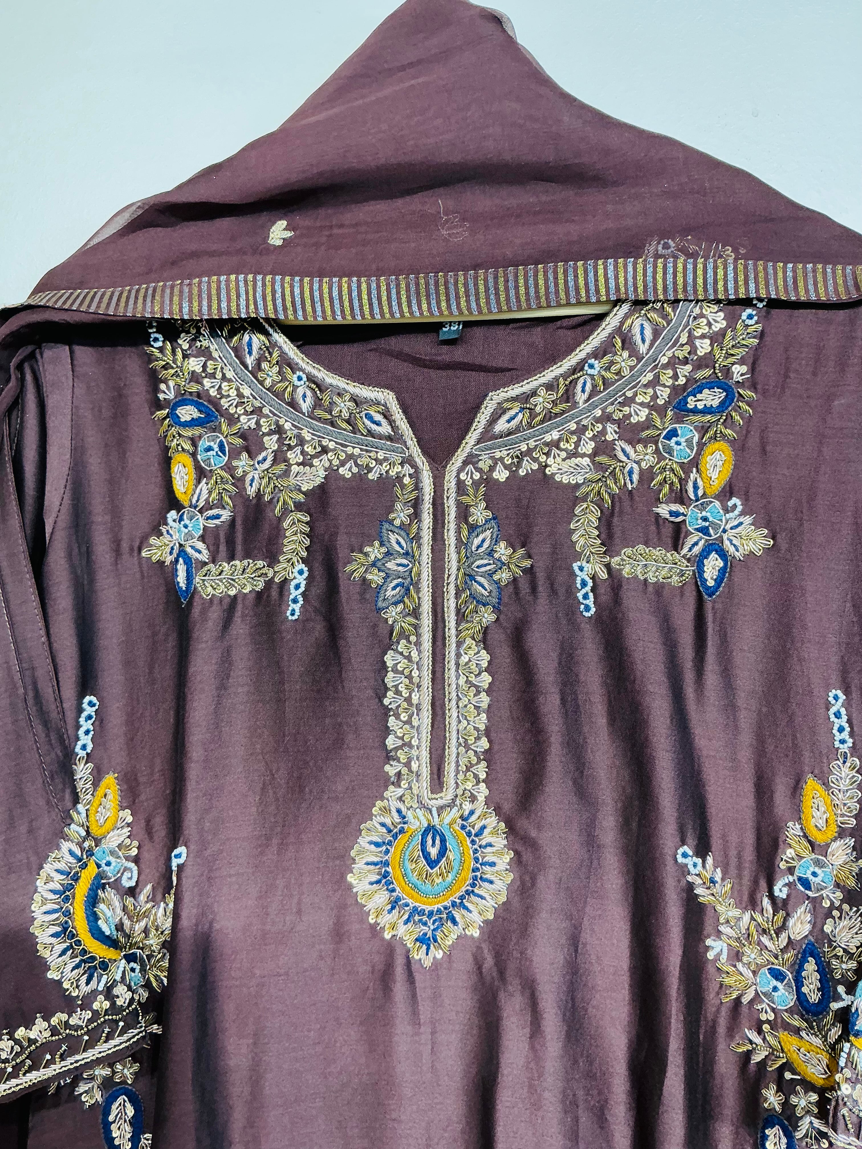 Royal Brown Mul Chanderi  Zardozi Embroidered set