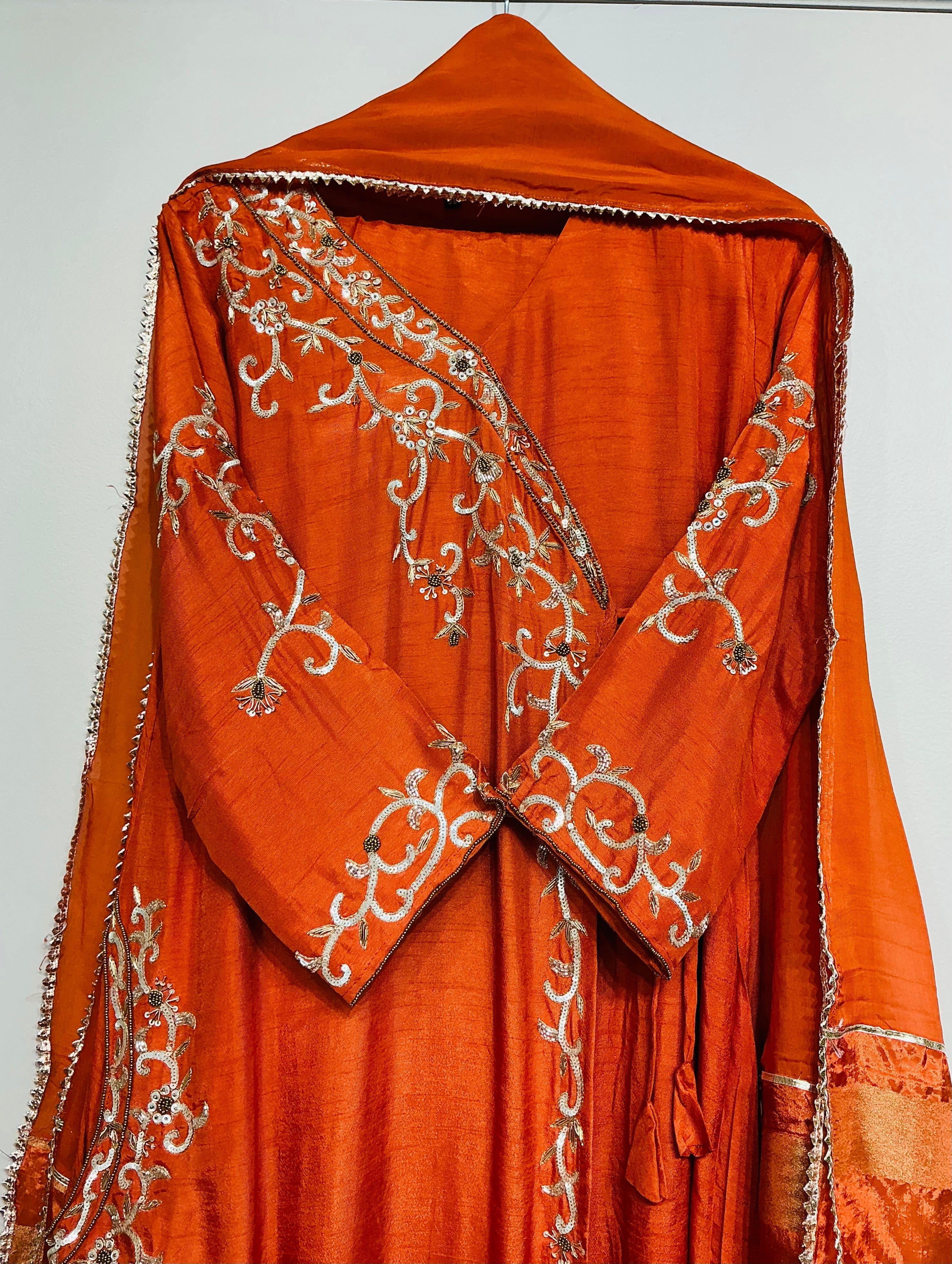 Rust Orange Russian Silk Angrakha Suit Set