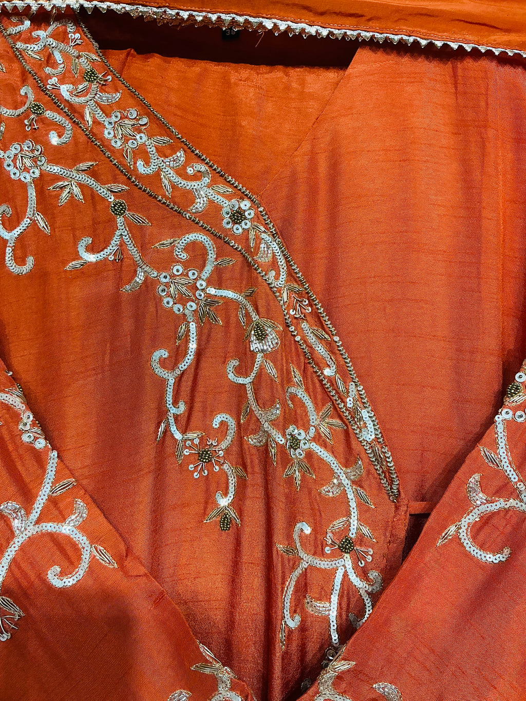 Rust Orange Russian Silk Angrakha Suit Set