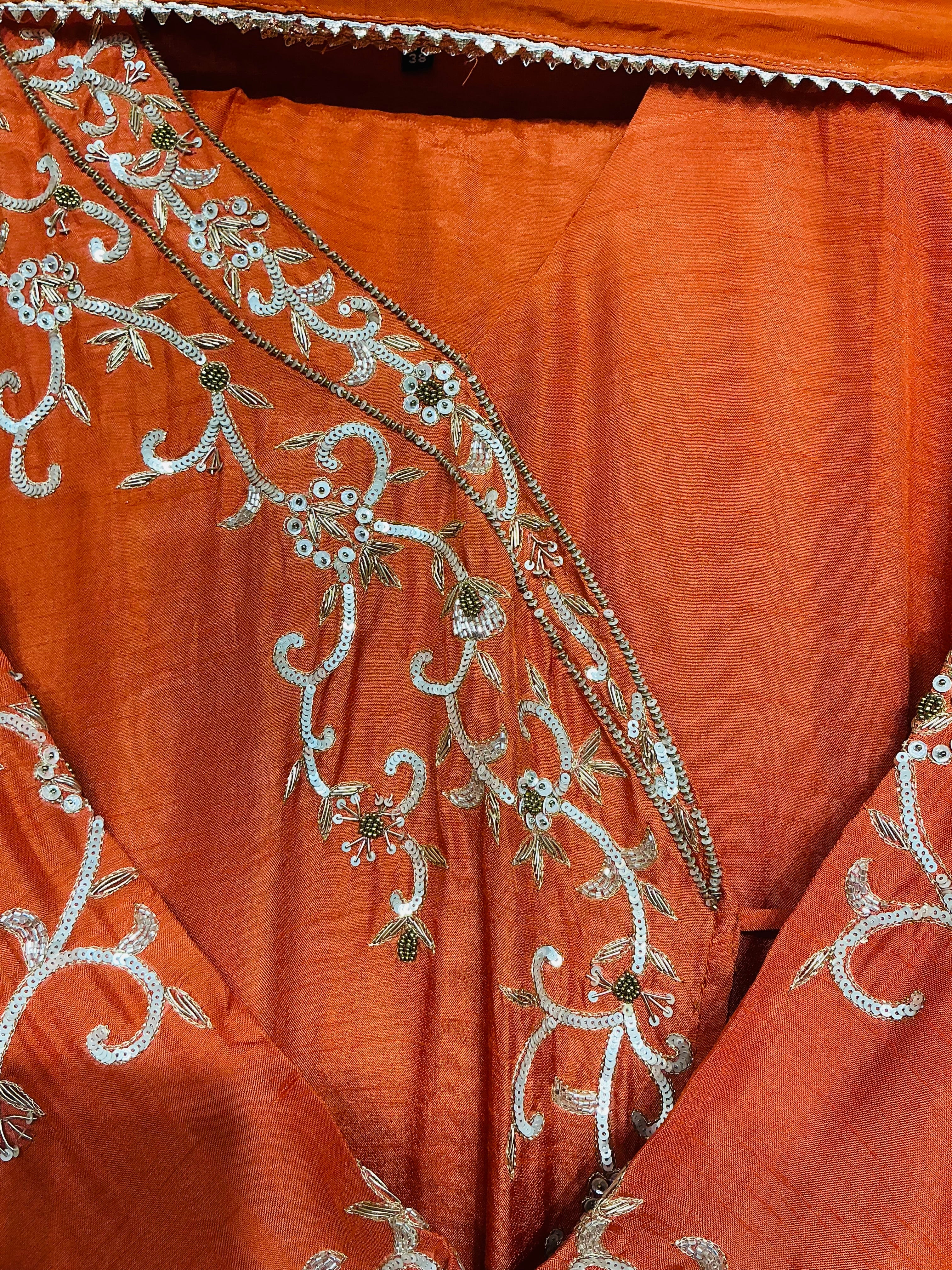 Rust Orange Russian Silk Angrakha Suit Set