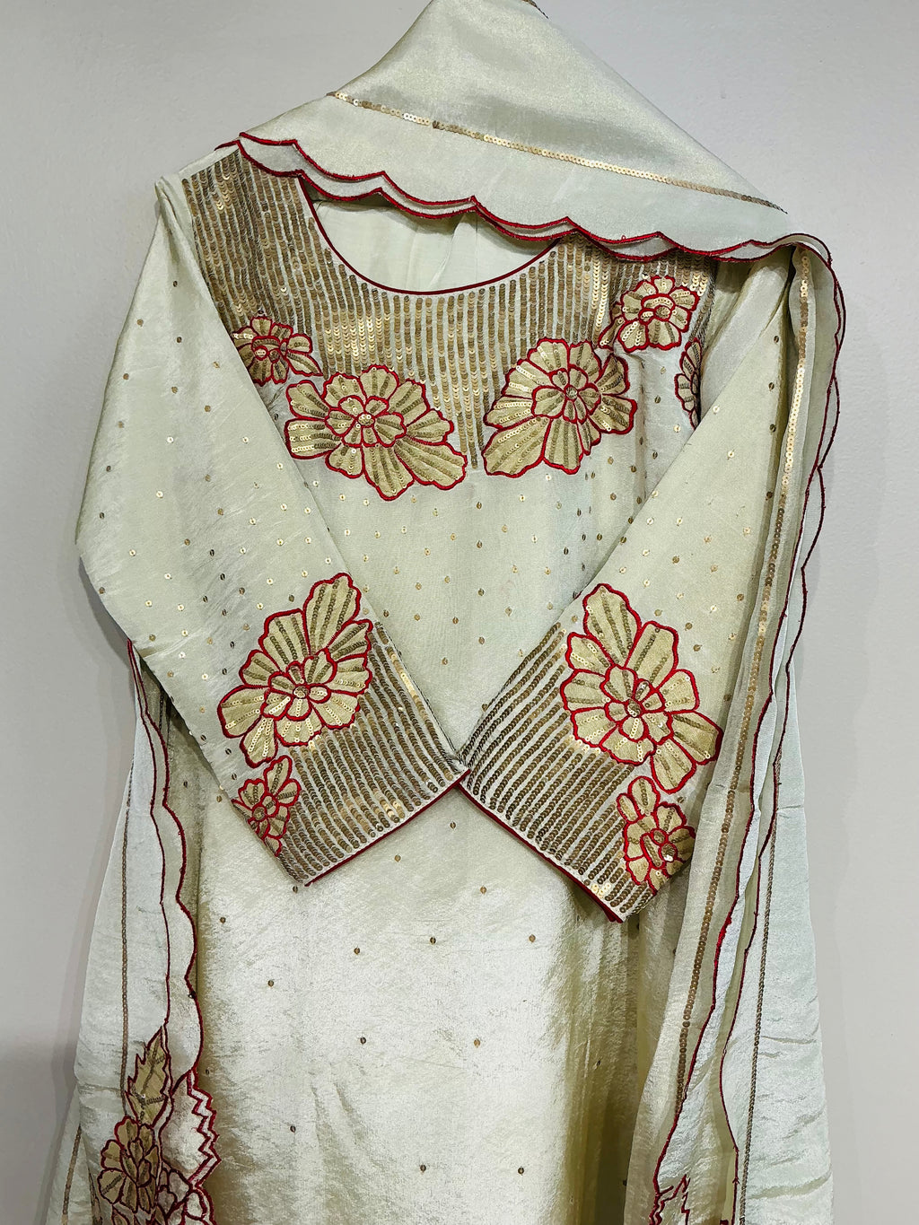 Ivory Tissue Shimmer Sequence Floral Suit Set