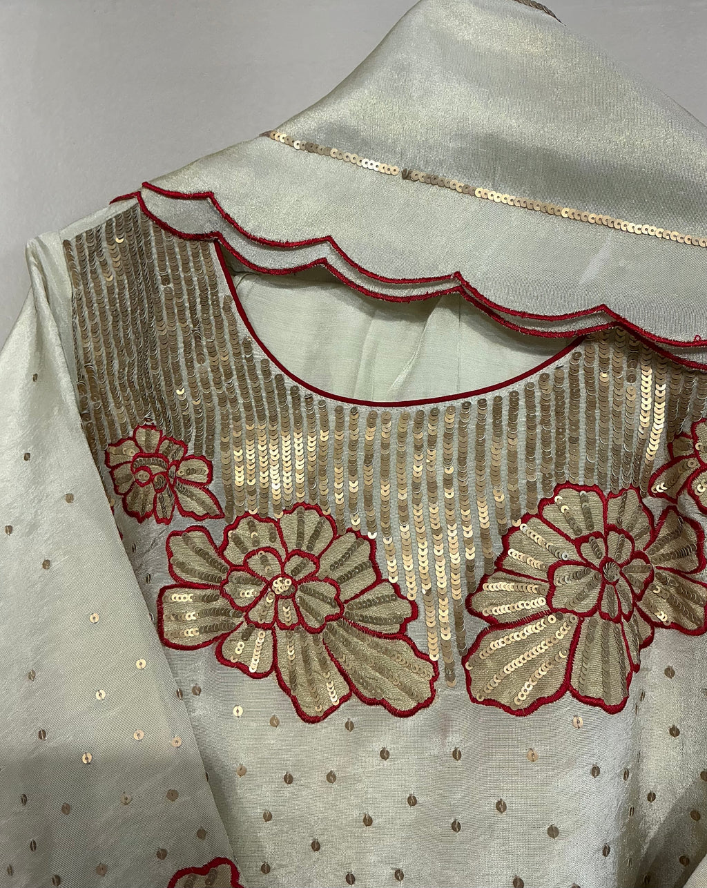 Ivory Tissue Shimmer Sequence Floral Suit Set