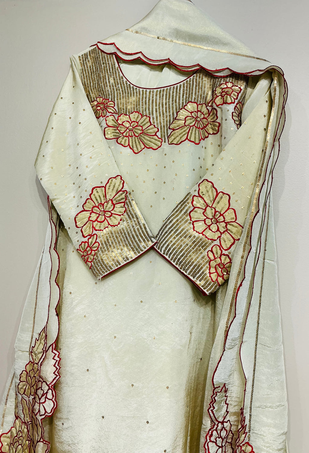 Ivory Tissue Shimmer Sequence Floral Suit Set