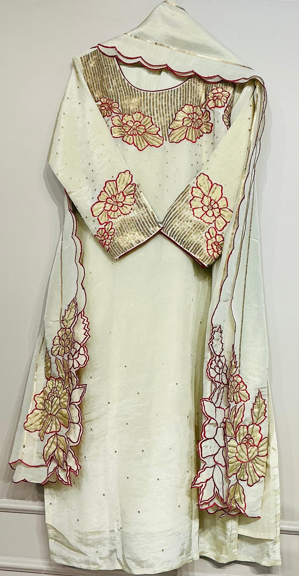 Ivory Tissue Shimmer Sequence Floral Suit Set