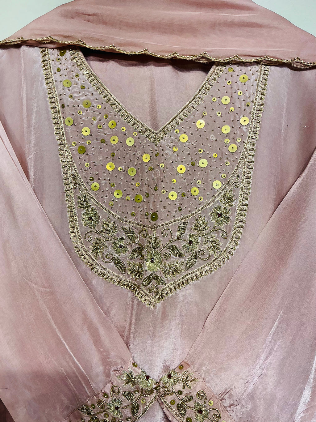 Taupe Beige Antique Zari Embroidered Suit Set