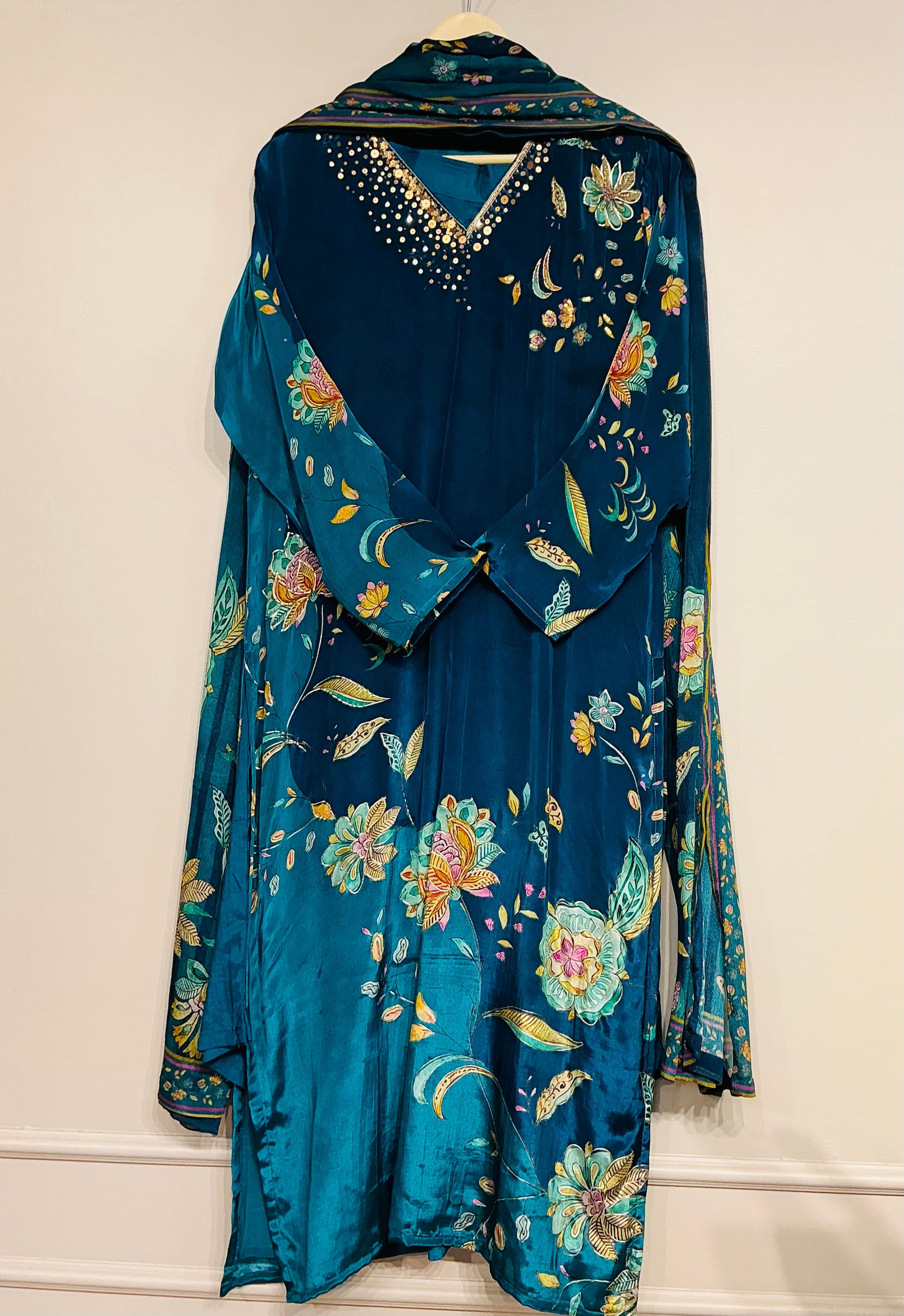 Teal Blue Floral Printed Suit Set