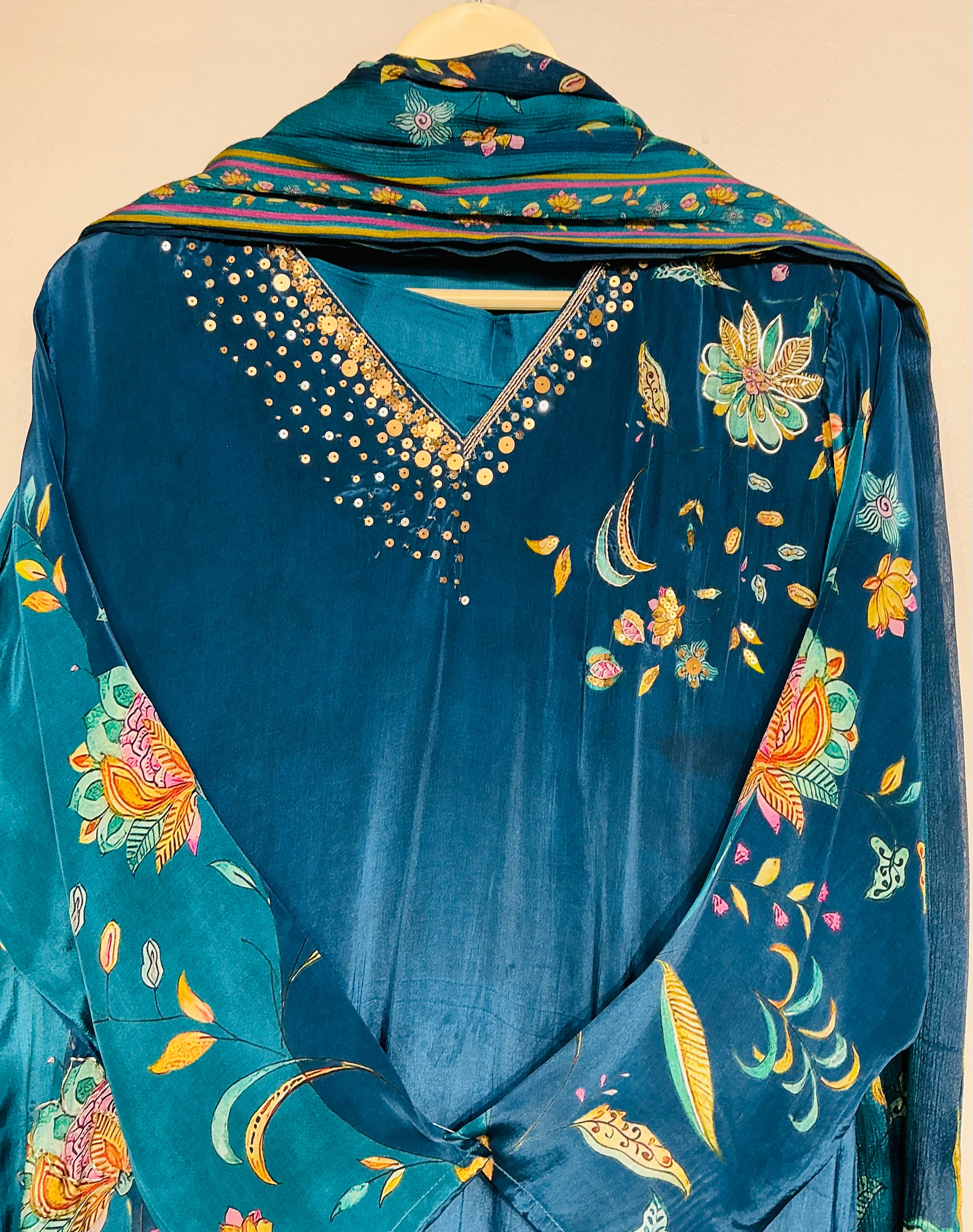 Teal Blue Floral Printed Suit Set