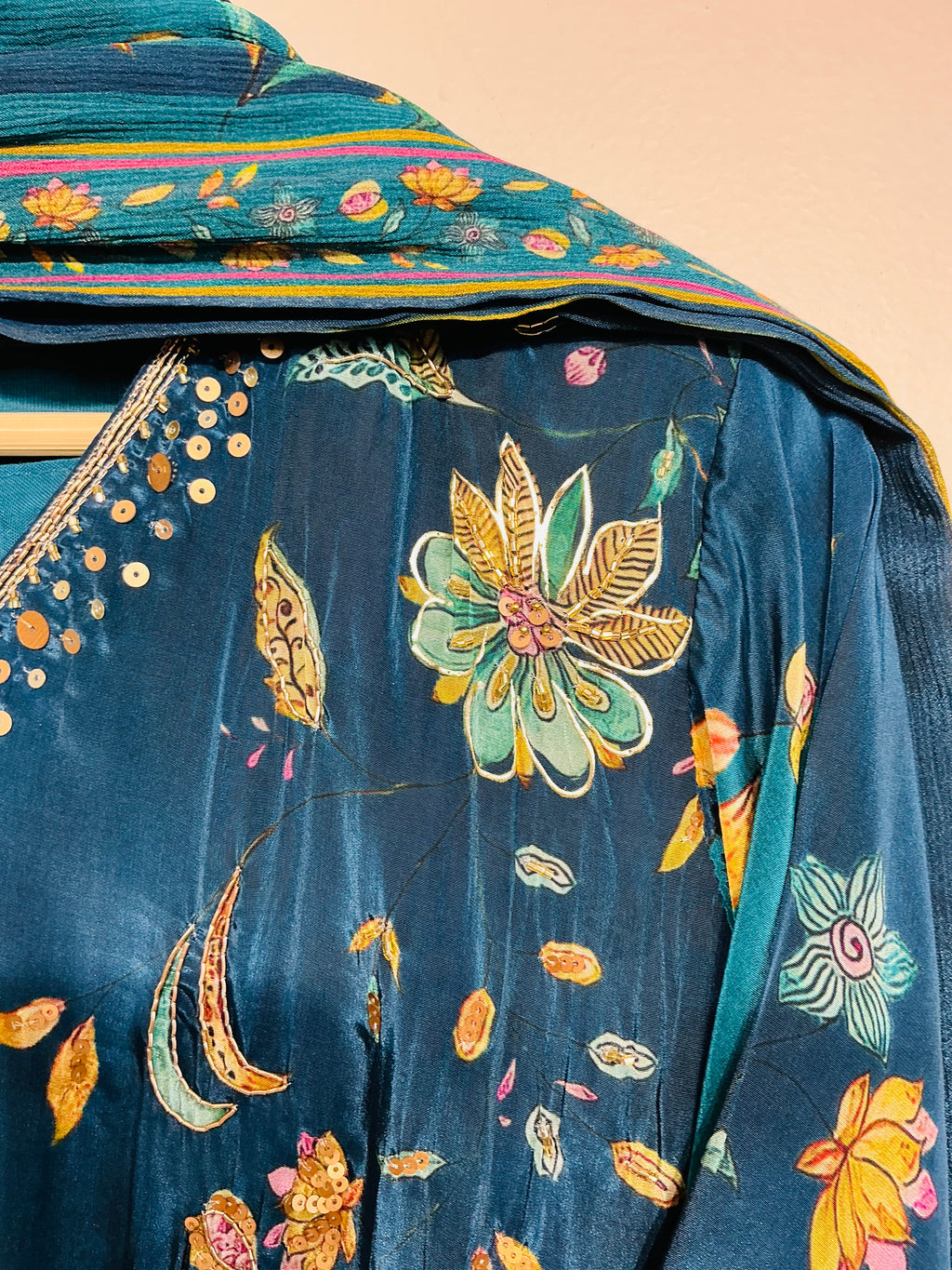 Teal Blue Floral Printed Suit Set