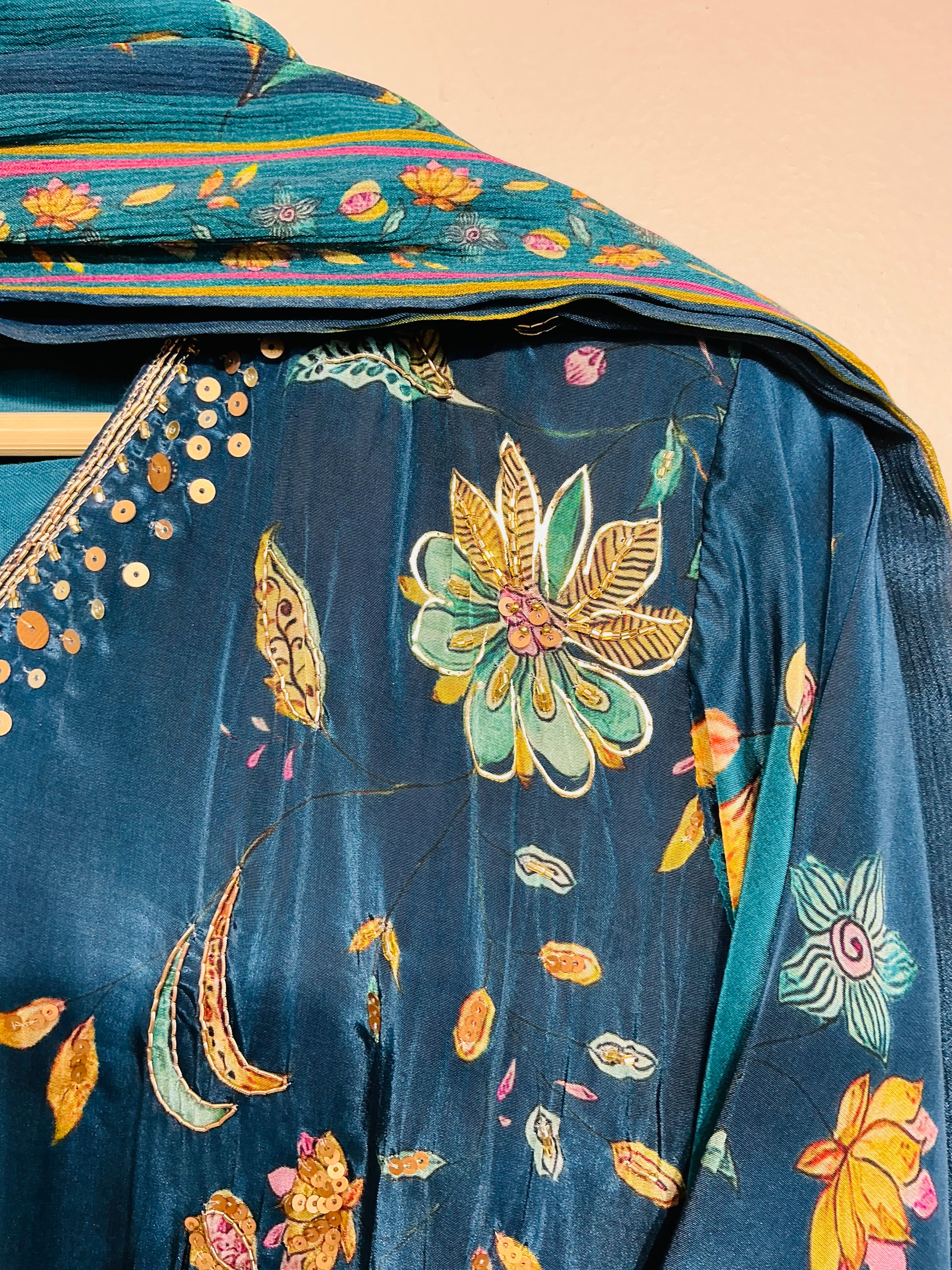 Teal Blue Floral Printed Suit Set