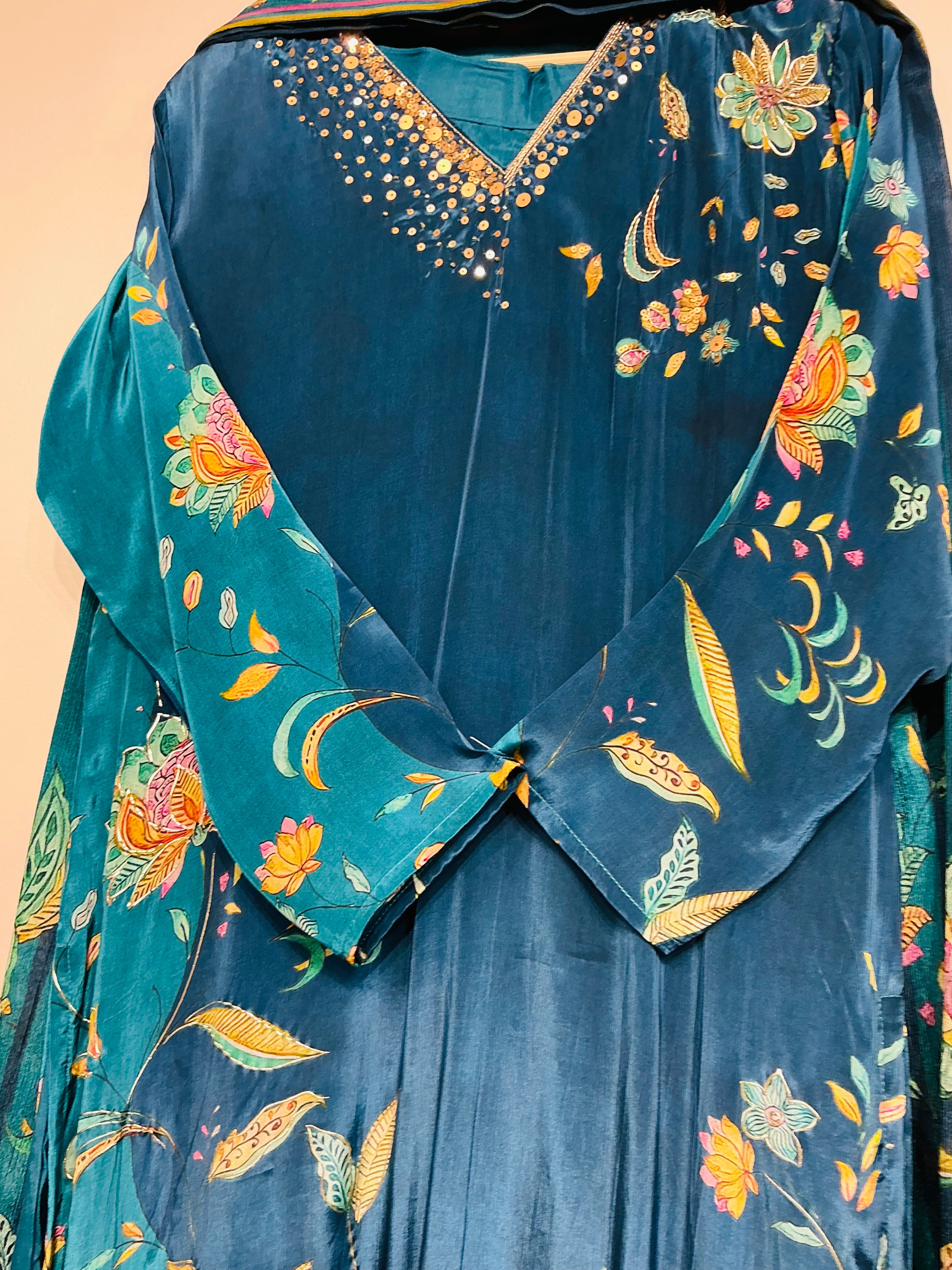 Teal Blue Floral Printed Suit Set
