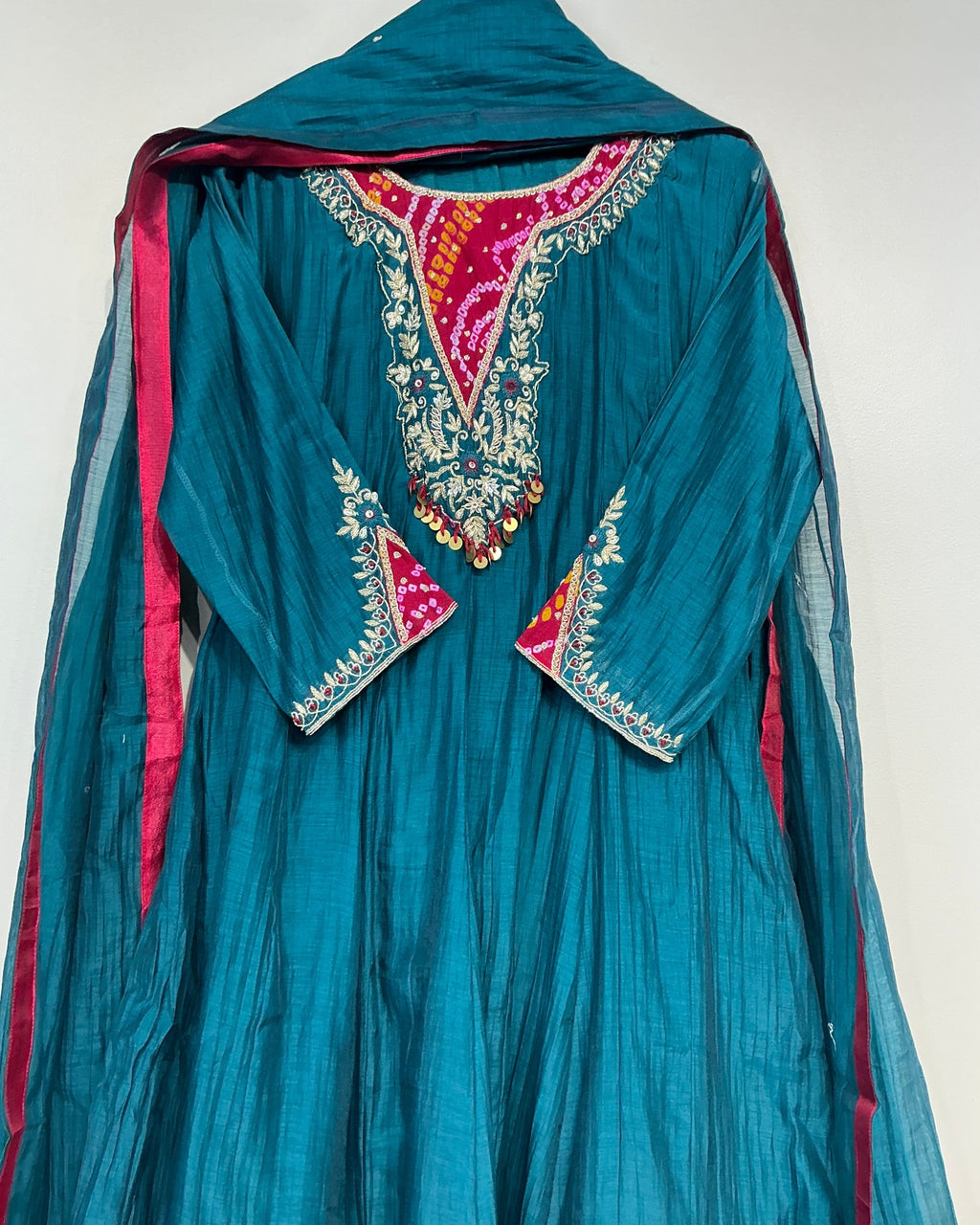 Bandhej Teal/ Amber Mul Chanderi Suit