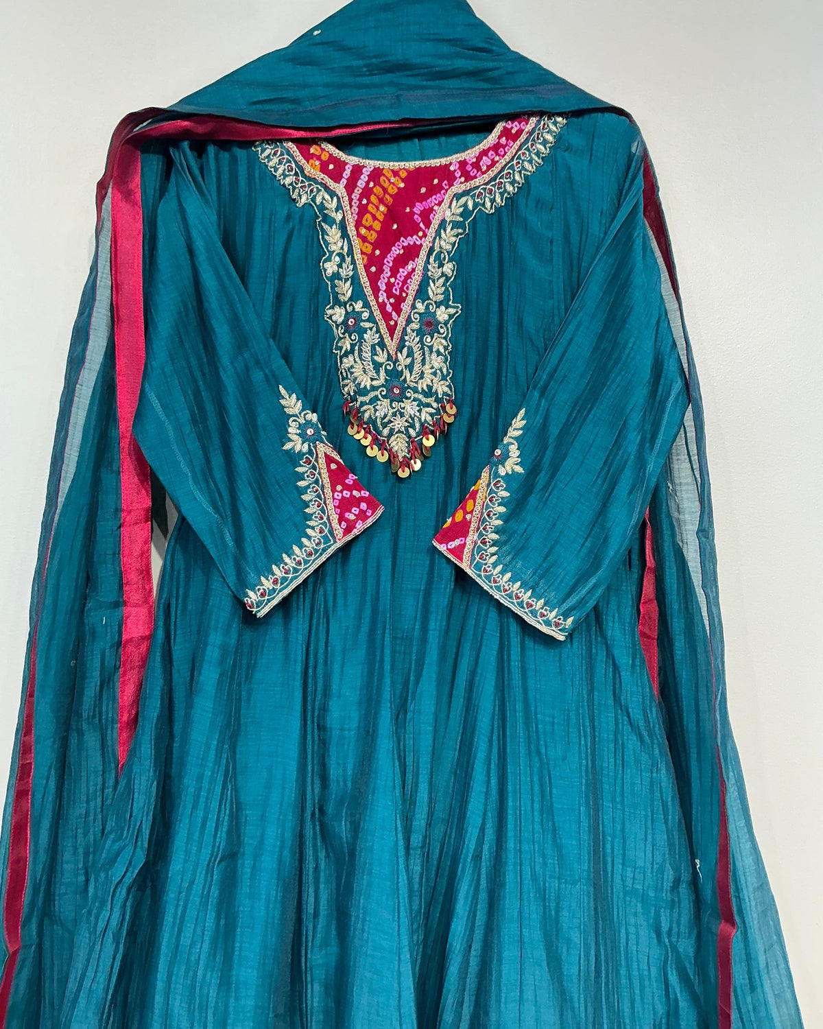 Bandhej Teal/ Amber Mul Chanderi Suit